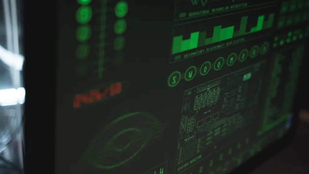 monitor showing green cybersecurity-style dashboards and data